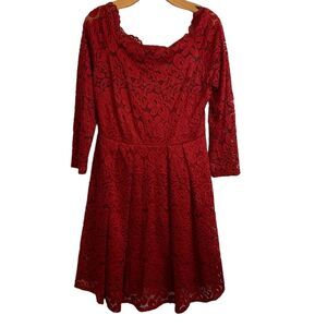 Retro Red Lace Dress with Sheer Lace Sleeves Size XL